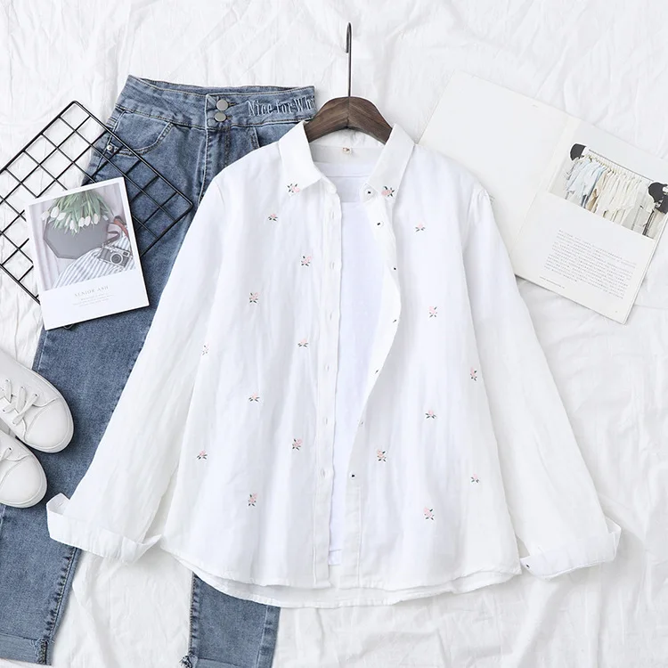 2024 Spring Autumn New Fresh Cotton Yarn Ladies Long Sleeve Shirt Flower Embroidered Women's Casual Shirt Female Blouse Clothes