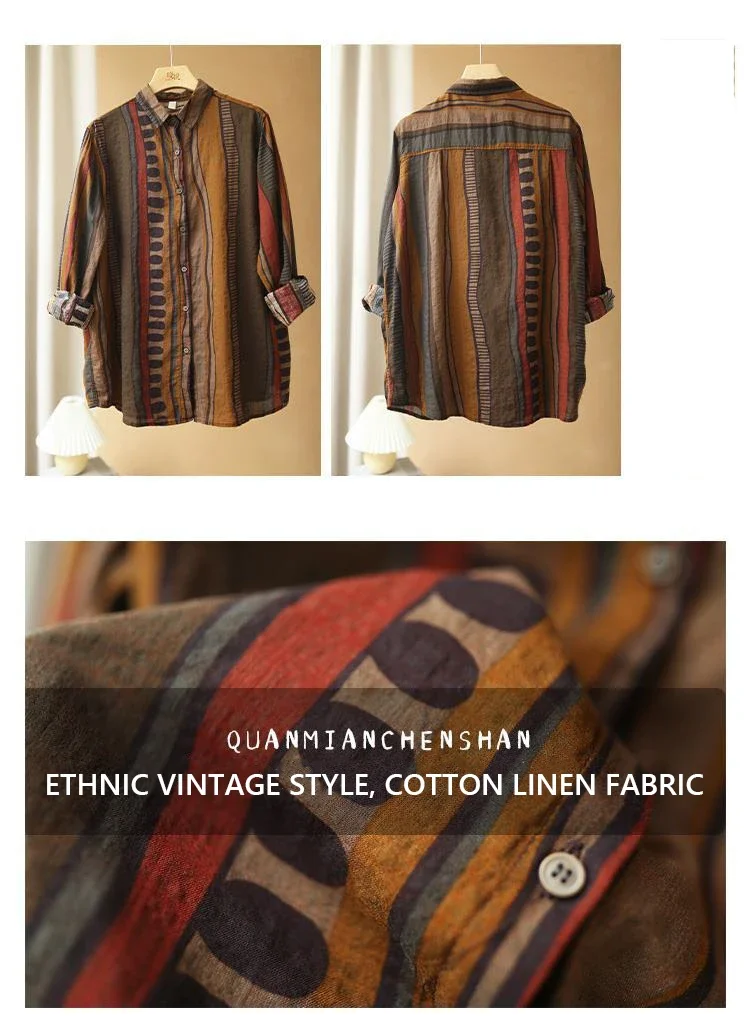 Ethnic Vintage Shirts For Women Long sleeve Top Cotton Linen Shirt Blouse Plus Ladies Loose Casual