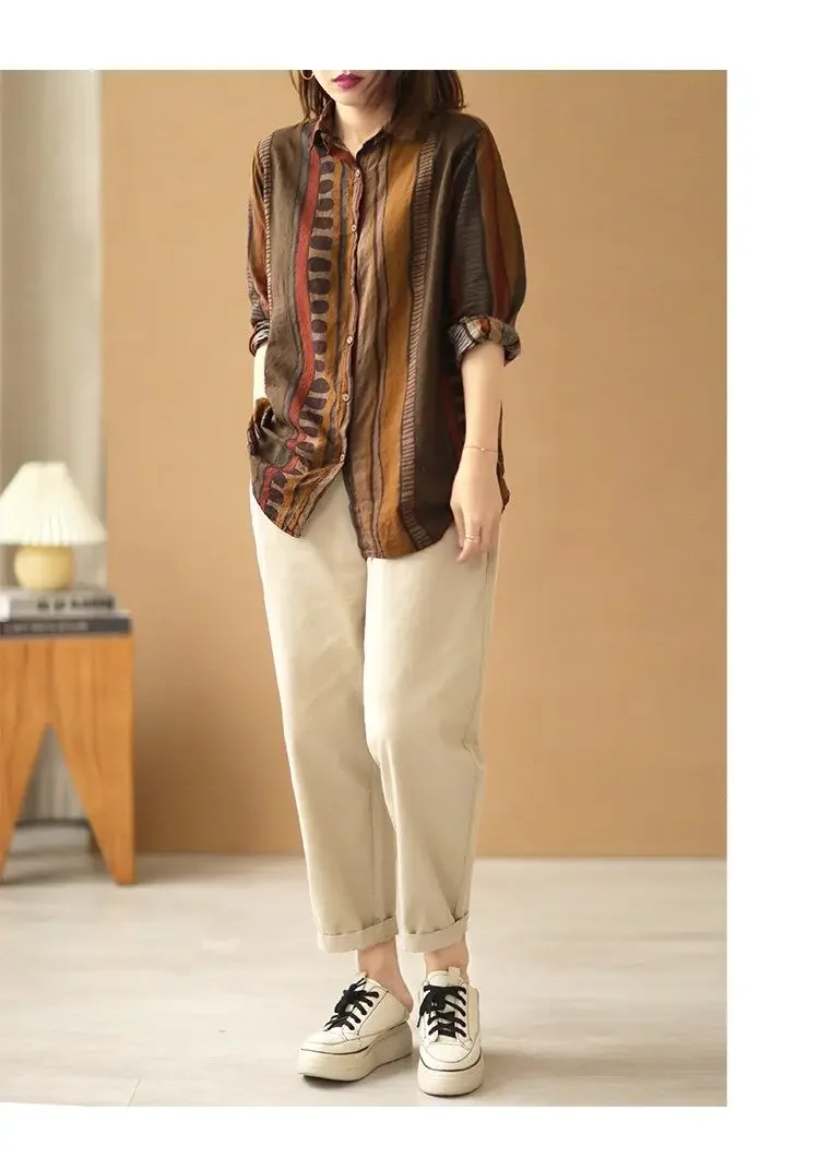 Ethnic Vintage Shirts For Women Long sleeve Top Cotton Linen Shirt Blouse Plus Ladies Loose Casual