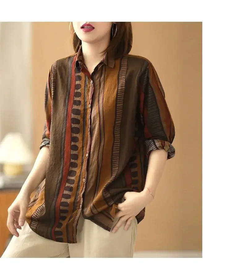 Ethnic Vintage Shirts For Women Long sleeve Top Cotton Linen Shirt Blouse Plus Ladies Loose Casual