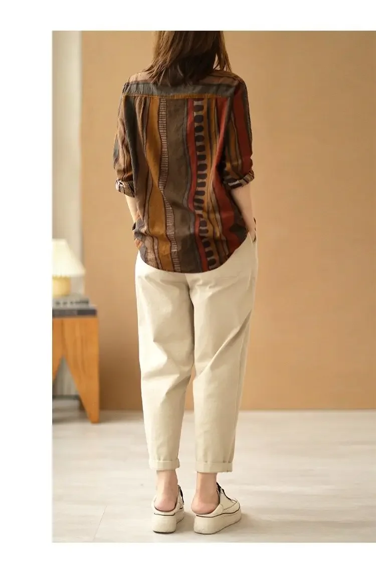 Ethnic Vintage Shirts For Women Long sleeve Top Cotton Linen Shirt Blouse Plus Ladies Loose Casual