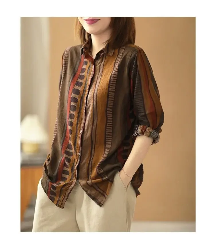 Ethnic Vintage Shirts For Women Long sleeve Top Cotton Linen Shirt Blouse Plus Ladies Loose Casual
