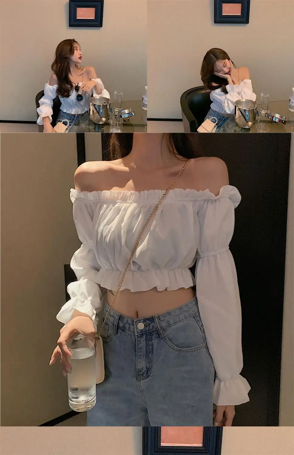 Women Top Sexy Blouse Off Shoulder Top Long Sleeve Club Party White Shirt Puff Sleeve Ruffle Crop Top Summer Tube Top