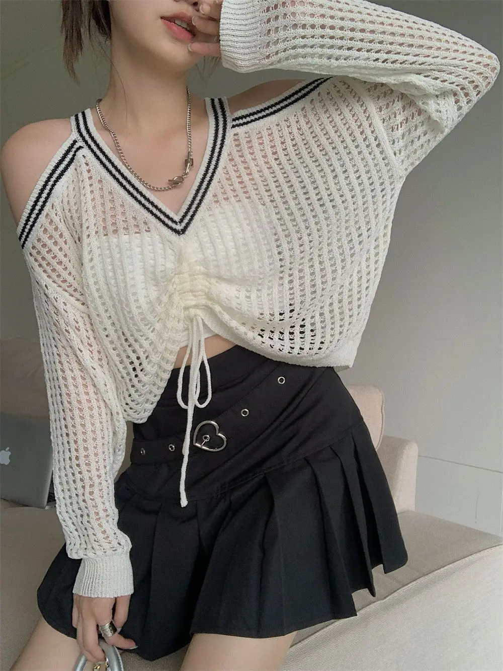 Off Shoulder Hollow Out Shirts Blouses Elegant and Youth Woman Blouse Drawstring Knitted V Neck Tops Vintage Y2k 2022 Fashion