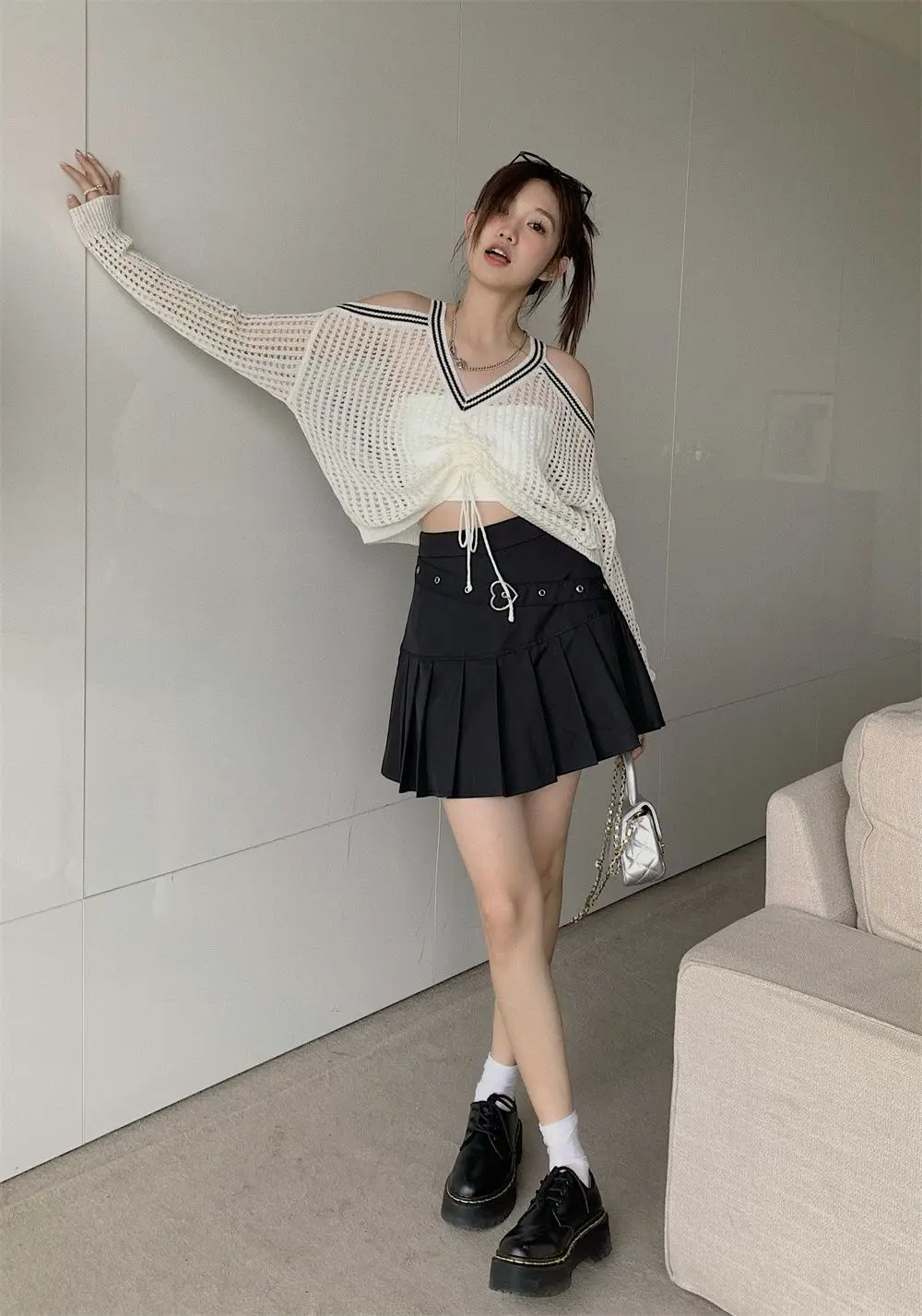 Off Shoulder Hollow Out Shirts Blouses Elegant and Youth Woman Blouse Drawstring Knitted V Neck Tops Vintage Y2k 2022 Fashion