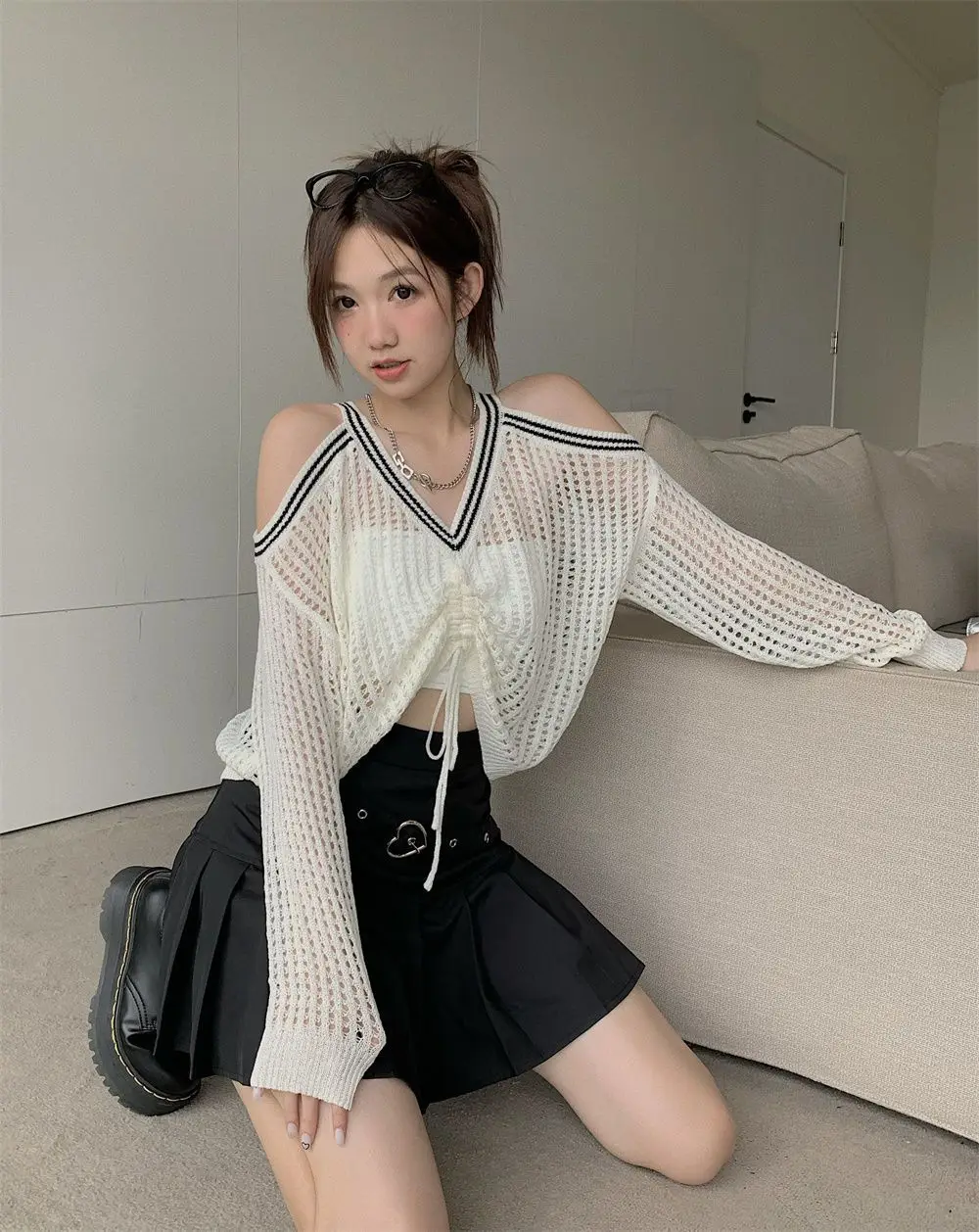 Off Shoulder Hollow Out Shirts Blouses Elegant and Youth Woman Blouse Drawstring Knitted V Neck Tops Vintage Y2k 2022 Fashion