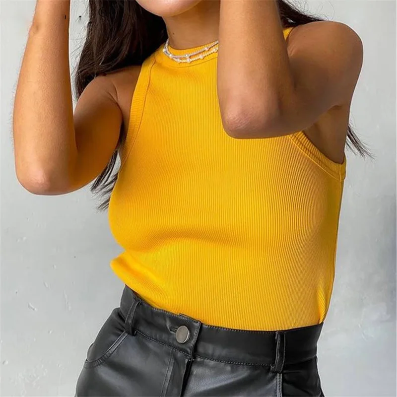 Ribbed Knitted Tops Neck Summer Basic Shirts White Black Casual Sport Vest Off Shoulder Green Women's Tank Top