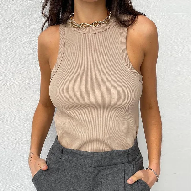 Ribbed Knitted Tops Neck Summer Basic Shirts White Black Casual Sport Vest Off Shoulder Green Women's Tank Top