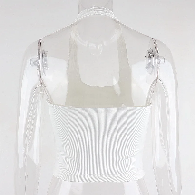 White Halter Sexy Backless Tank Tops for Women Streetwear 2024 Sleeveless Ribbed Knit Vest Top Cropped Feminino