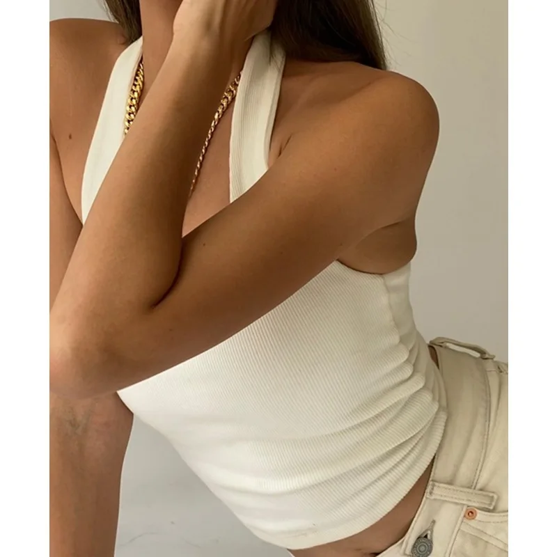 White Halter Sexy Backless Tank Tops for Women Streetwear 2024 Sleeveless Ribbed Knit Vest Top Cropped Feminino