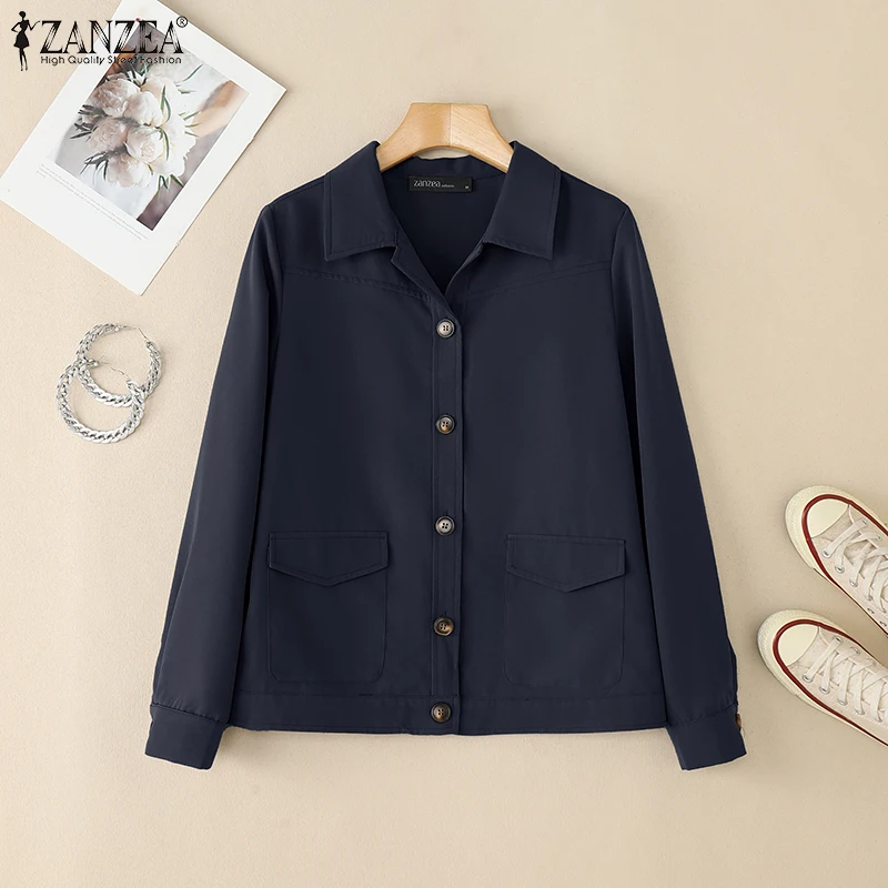 ZANZEA Women Casual Jackets 2025 Autumn Turn-Down Collar Long Sleeve Button Up Outerwear Solid Color Commuting Work Wear Tops