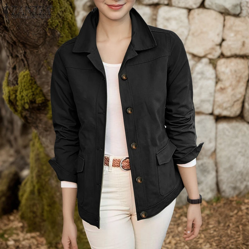 ZANZEA Women Casual Jackets 2025 Autumn Turn-Down Collar Long Sleeve Button Up Outerwear Solid Color Commuting Work Wear Tops