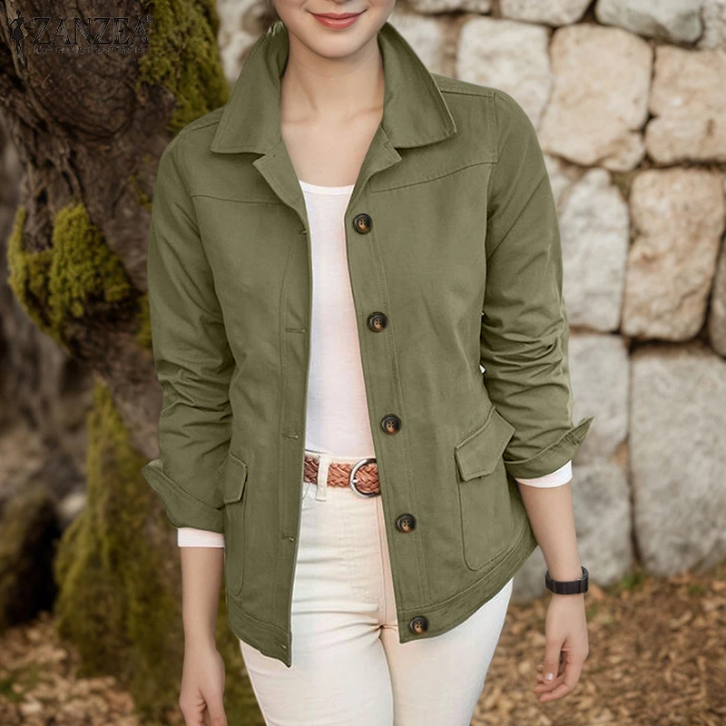ZANZEA Women Casual Jackets 2025 Autumn Turn-Down Collar Long Sleeve Button Up Outerwear Solid Color Commuting Work Wear Tops
