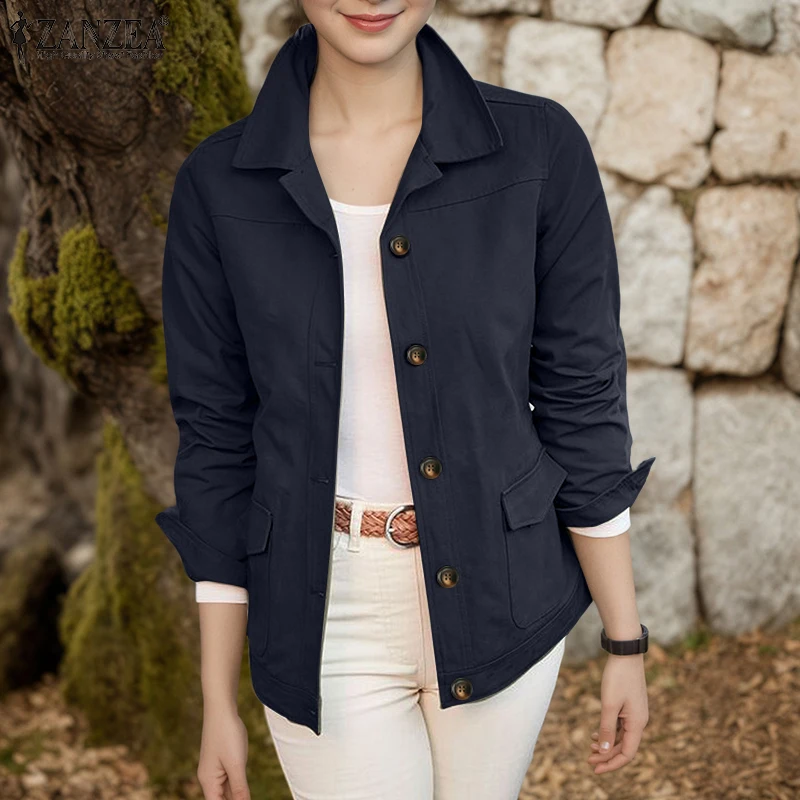 ZANZEA Women Casual Jackets 2025 Autumn Turn-Down Collar Long Sleeve Button Up Outerwear Solid Color Commuting Work Wear Tops