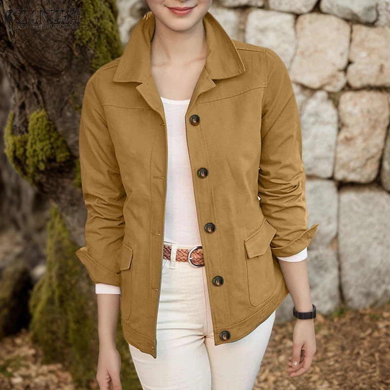 ZANZEA Women Casual Jackets 2025 Autumn Turn-Down Collar Long Sleeve Button Up Outerwear Solid Color Commuting Work Wear Tops