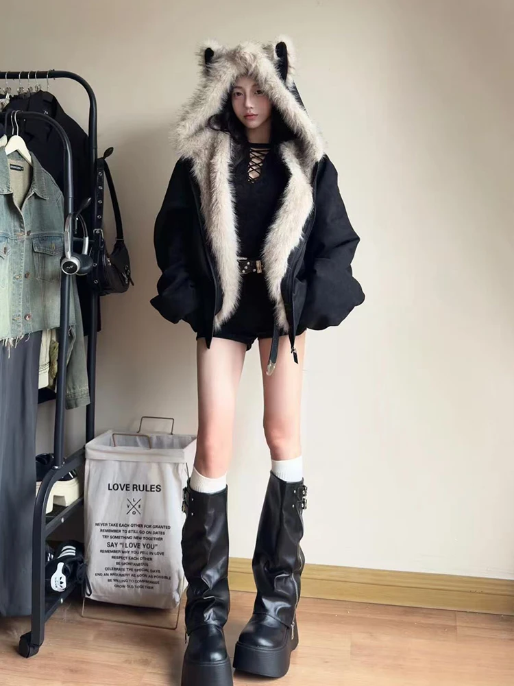 Winter New Elegant Liner Fur Loose Coat Women Y2k Fur Collar Hood Thick Fashion Parkas Casual Outerwear Cotton Padded Jackets