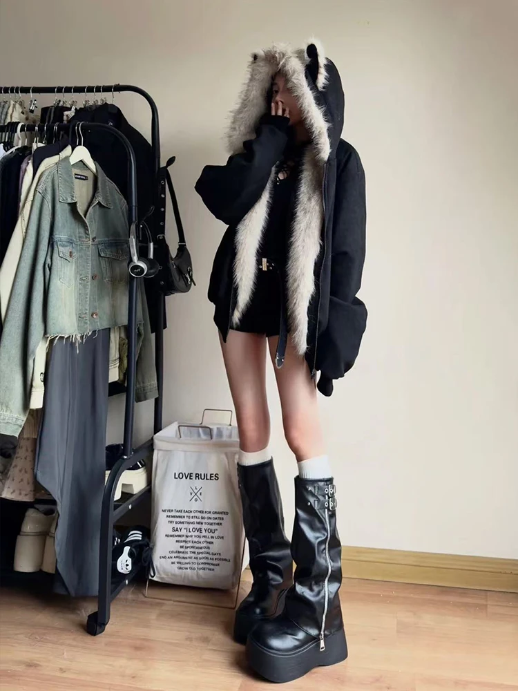Winter New Elegant Liner Fur Loose Coat Women Y2k Fur Collar Hood Thick Fashion Parkas Casual Outerwear Cotton Padded Jackets
