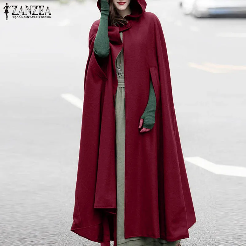Fashion Long Cape Cloak ZANZEA Women Hooded Wool Blend Cloak Coat Autumn Hoodies Poncho Warm Cosplay Jackets Outwear Windbreaker