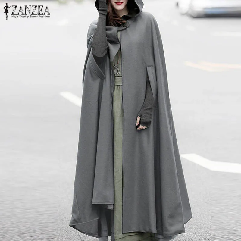 Fashion Long Cape Cloak ZANZEA Women Hooded Wool Blend Cloak Coat Autumn Hoodies Poncho Warm Cosplay Jackets Outwear Windbreaker