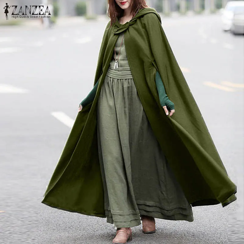 Fashion Long Cape Cloak ZANZEA Women Hooded Wool Blend Cloak Coat Autumn Hoodies Poncho Warm Cosplay Jackets Outwear Windbreaker