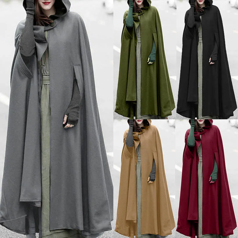 Fashion Long Cape Cloak ZANZEA Women Hooded Wool Blend Cloak Coat Autumn Hoodies Poncho Warm Cosplay Jackets Outwear Windbreaker