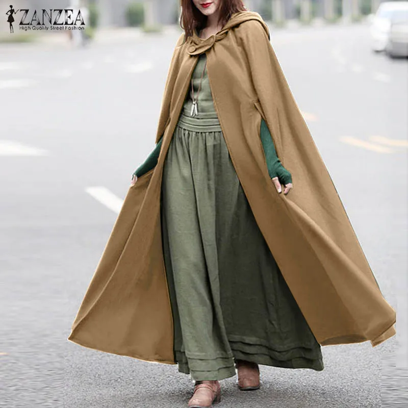 Fashion Long Cape Cloak ZANZEA Women Hooded Wool Blend Cloak Coat Autumn Hoodies Poncho Warm Cosplay Jackets Outwear Windbreaker