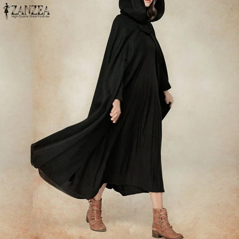 Fashion Long Cape Cloak ZANZEA Women Hooded Wool Blend Cloak Coat Autumn Hoodies Poncho Warm Cosplay Jackets Outwear Windbreaker