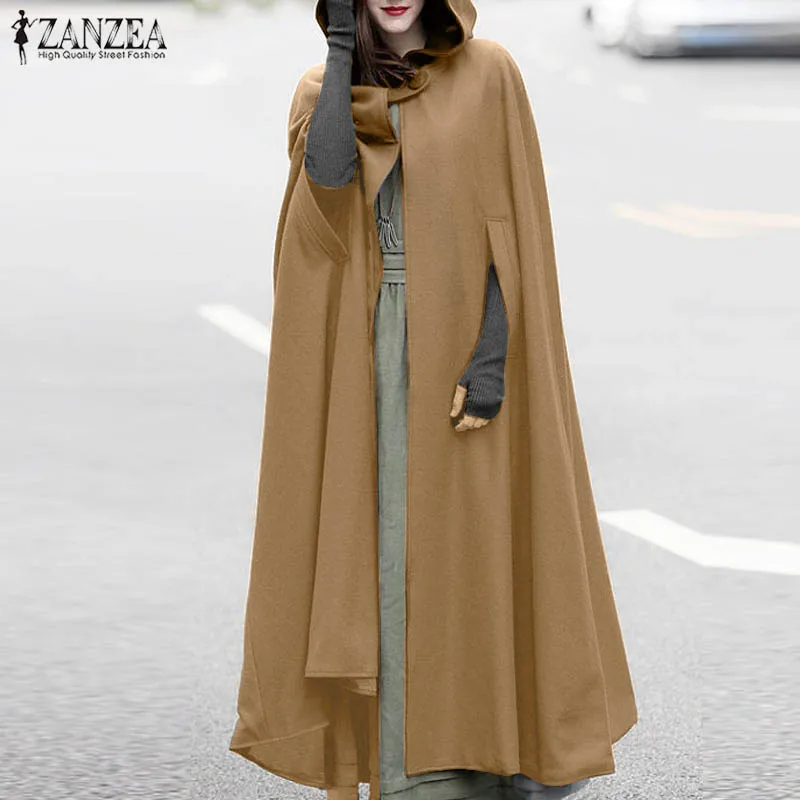 Fashion Long Cape Cloak ZANZEA Women Hooded Wool Blend Cloak Coat Autumn Hoodies Poncho Warm Cosplay Jackets Outwear Windbreaker