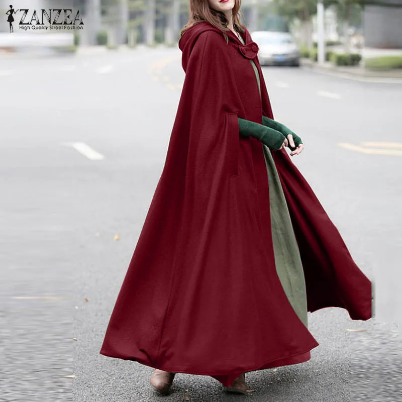 Fashion Long Cape Cloak ZANZEA Women Hooded Wool Blend Cloak Coat Autumn Hoodies Poncho Warm Cosplay Jackets Outwear Windbreaker
