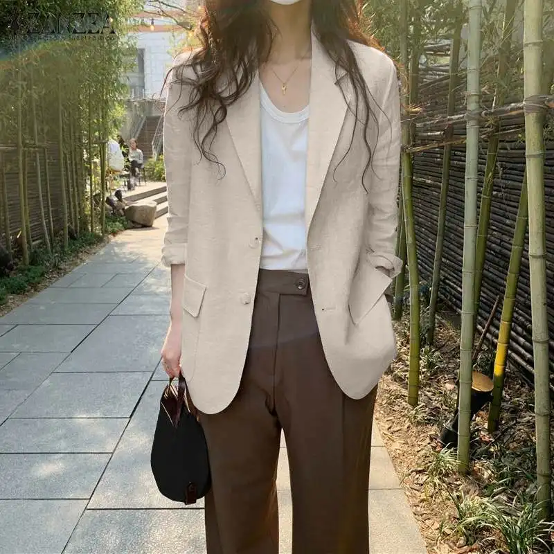 ZANZEA Women Elegant Cotton Jackets Suits Loose Vintage Work Coats Casual Outwear Autumn Laple Neck Long Sleeve Solid OL Blazer