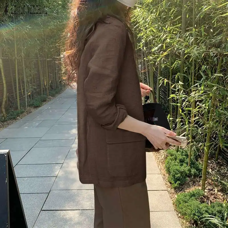 ZANZEA Women Elegant Cotton Jackets Suits Loose Vintage Work Coats Casual Outwear Autumn Laple Neck Long Sleeve Solid OL Blazer