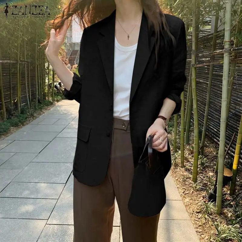 ZANZEA Women Elegant Cotton Jackets Suits Loose Vintage Work Coats Casual Outwear Autumn Laple Neck Long Sleeve Solid OL Blazer