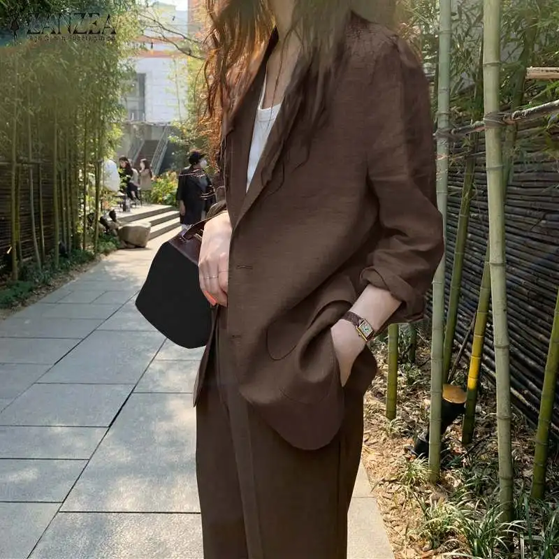 ZANZEA Women Elegant Cotton Jackets Suits Loose Vintage Work Coats Casual Outwear Autumn Laple Neck Long Sleeve Solid OL Blazer