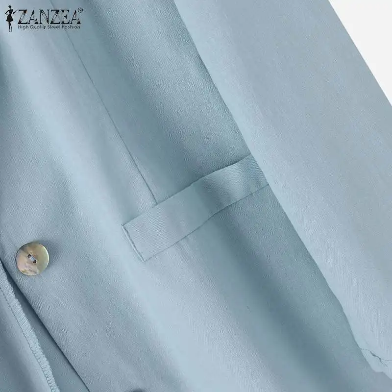 ZANZEA Women Elegant Cotton Jackets Suits Loose Vintage Work Coats Casual Outwear Autumn Laple Neck Long Sleeve Solid OL Blazer