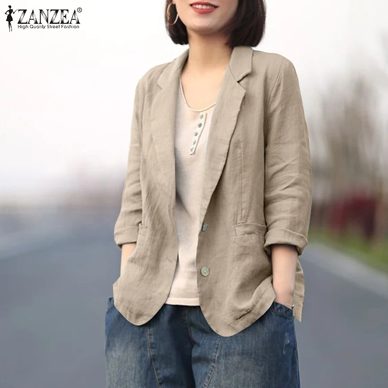 ZANZEA Women Elegant Cotton Jackets Suits Loose Vintage Work Coats Casual Outwear Autumn Laple Neck Long Sleeve Solid OL Blazer