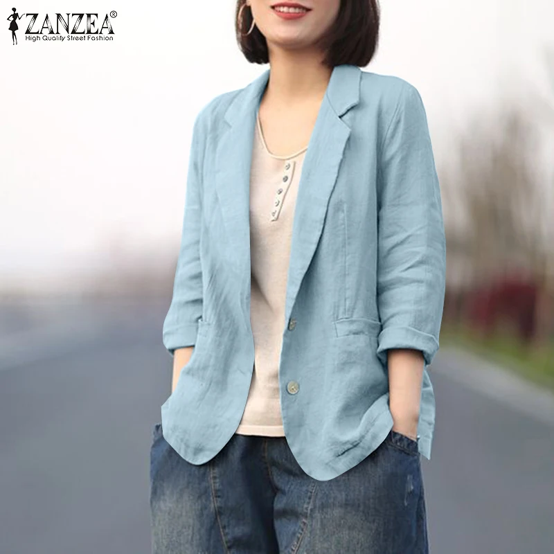 ZANZEA Women Elegant Cotton Jackets Suits Loose Vintage Work Coats Casual Outwear Autumn Laple Neck Long Sleeve Solid OL Blazer