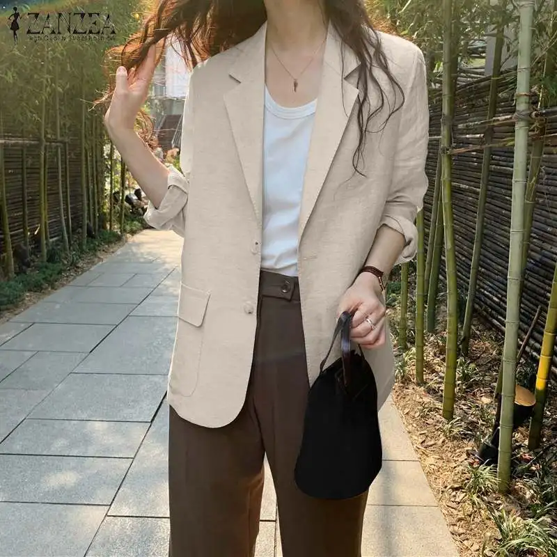 ZANZEA Women Elegant Cotton Jackets Suits Loose Vintage Work Coats Casual Outwear Autumn Laple Neck Long Sleeve Solid OL Blazer