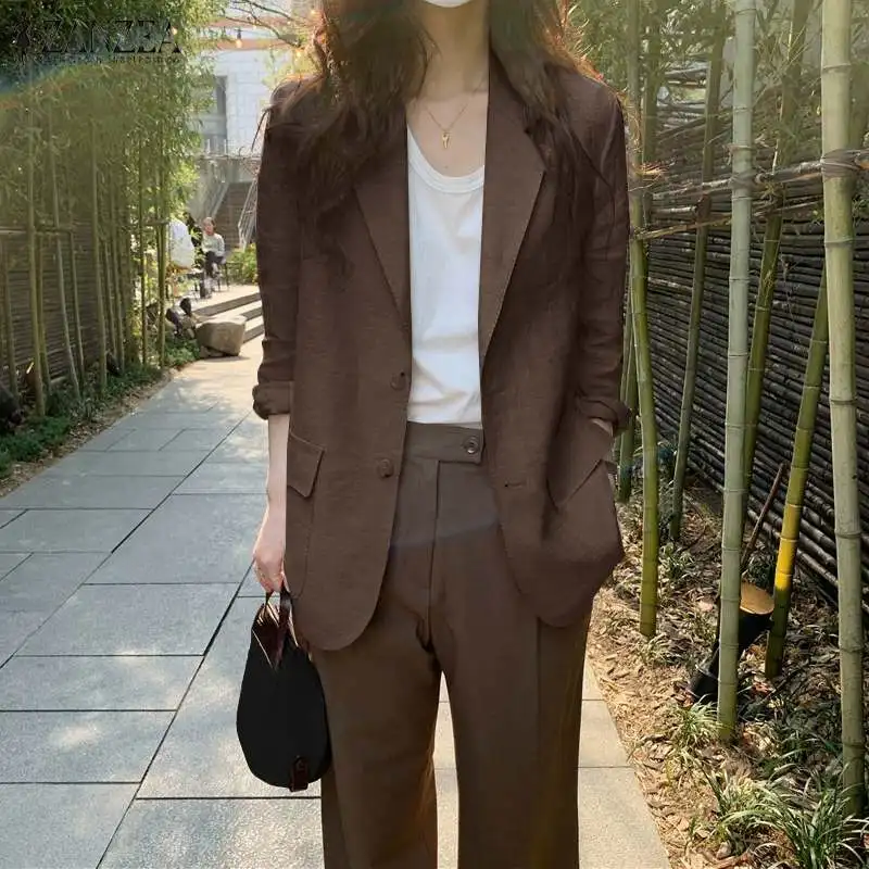 ZANZEA Women Elegant Cotton Jackets Suits Loose Vintage Work Coats Casual Outwear Autumn Laple Neck Long Sleeve Solid OL Blazer