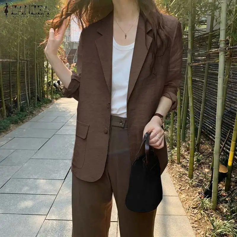 ZANZEA Women Elegant Cotton Jackets Suits Loose Vintage Work Coats Casual Outwear Autumn Laple Neck Long Sleeve Solid OL Blazer