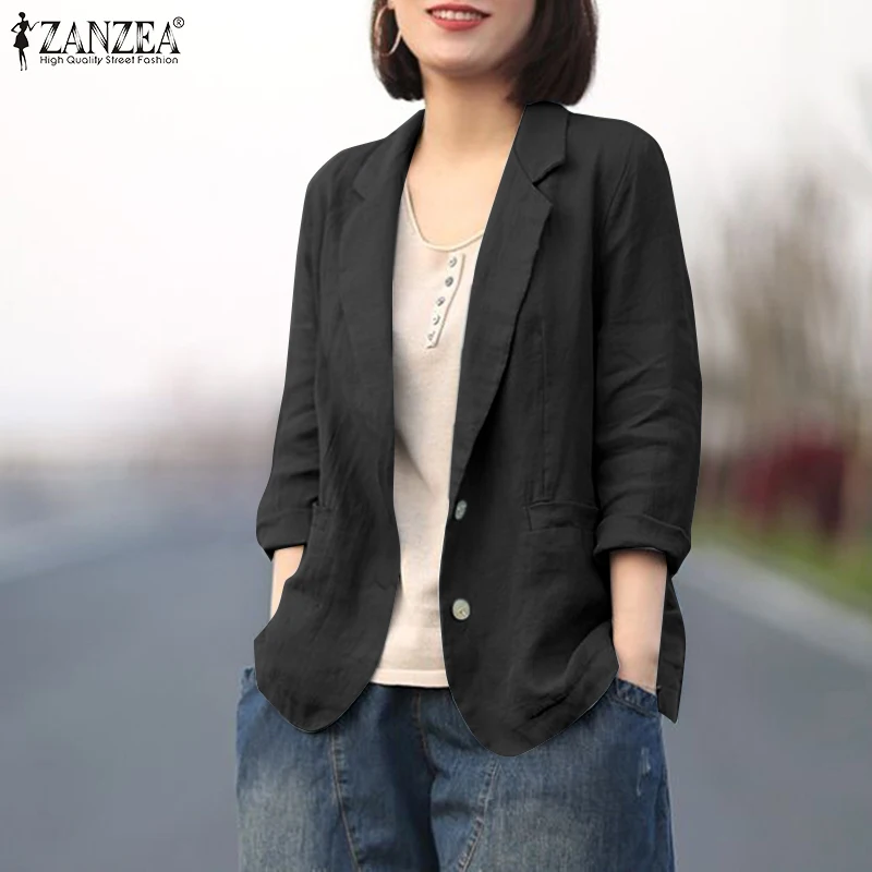 ZANZEA Women Elegant Cotton Jackets Suits Loose Vintage Work Coats Casual Outwear Autumn Laple Neck Long Sleeve Solid OL Blazer