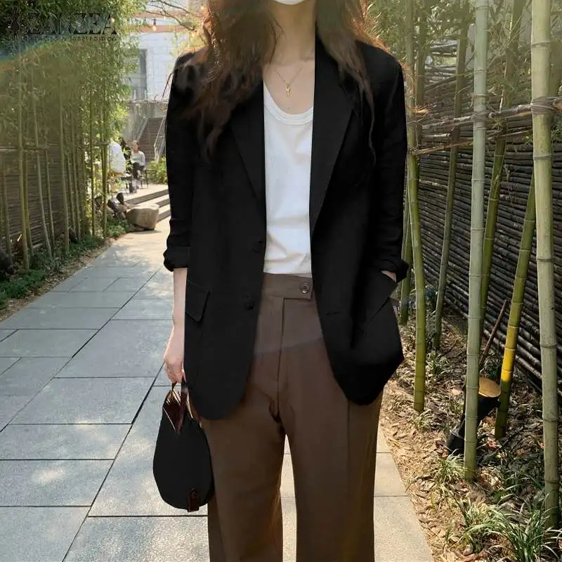 ZANZEA Women Elegant Cotton Jackets Suits Loose Vintage Work Coats Casual Outwear Autumn Laple Neck Long Sleeve Solid OL Blazer
