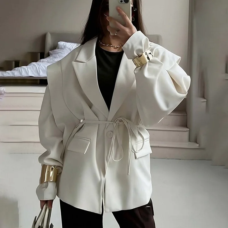 Phantasy Elegant Commuter Waist Lace-Up Shoulder Padded Suit Jacket Women's High-End Sense Pure Color Casual Style Suit Jacket