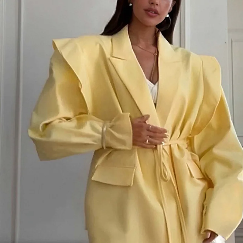 Phantasy Elegant Commuter Waist Lace-Up Shoulder Padded Suit Jacket Women's High-End Sense Pure Color Casual Style Suit Jacket