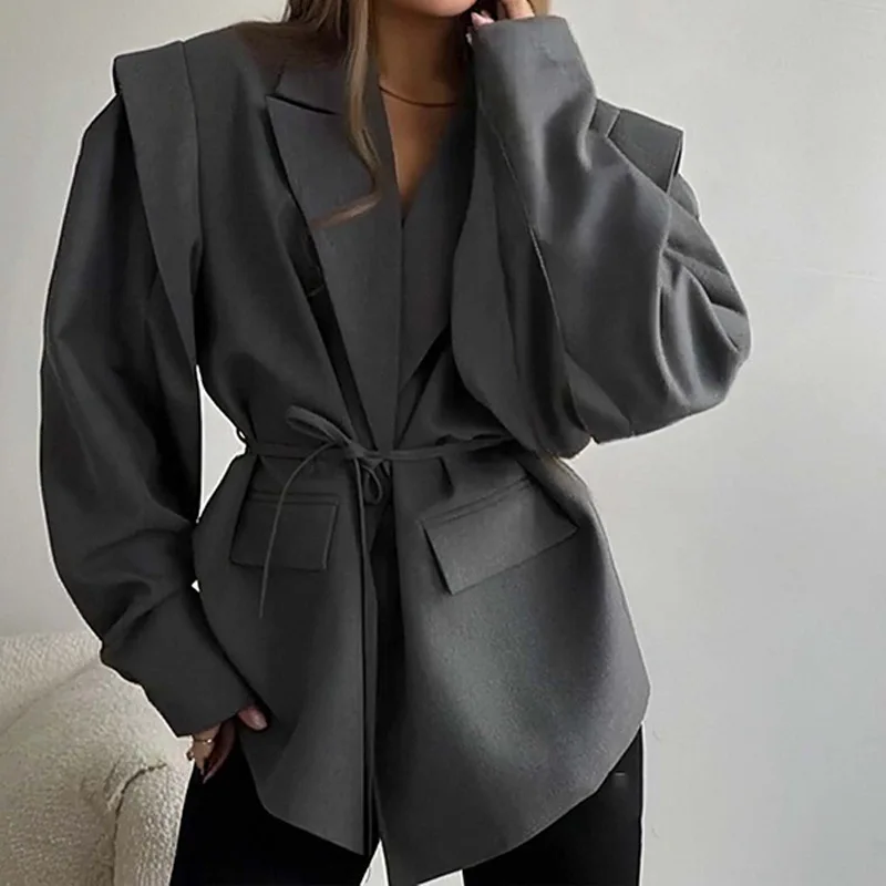 Phantasy Elegant Commuter Waist Lace-Up Shoulder Padded Suit Jacket Women's High-End Sense Pure Color Casual Style Suit Jacket