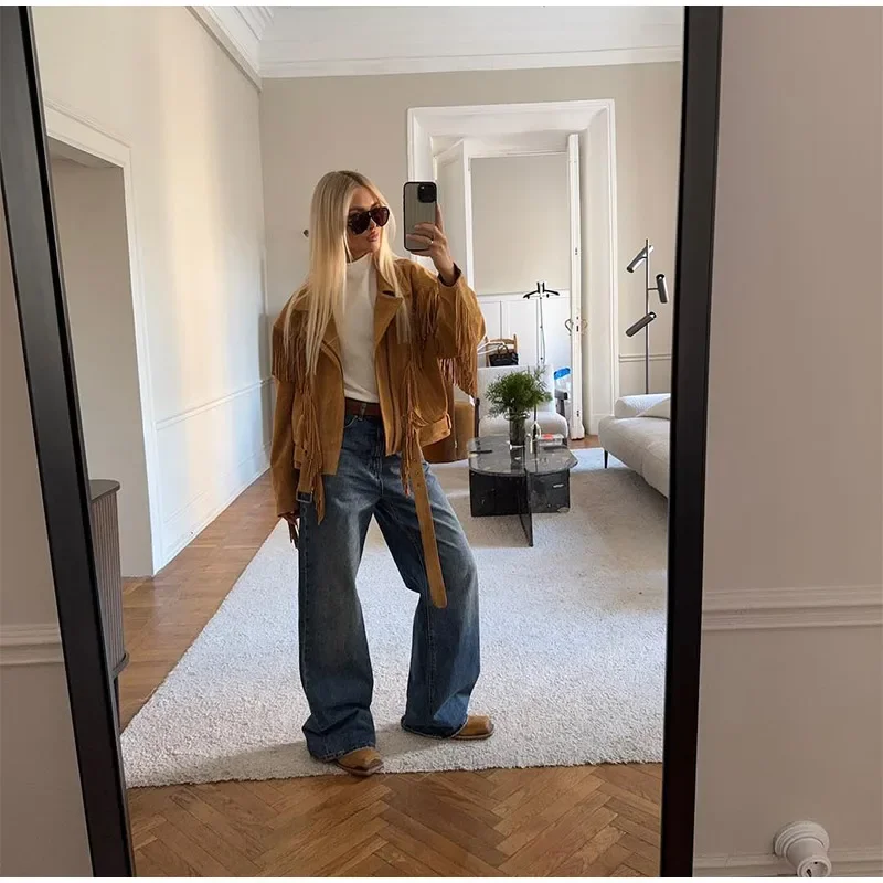 Lapel Tassel Short Jacket For Women Fashion Solid Long Sleeves Design Zipper Loose Coat Casual Autumn New High Street Outerwears