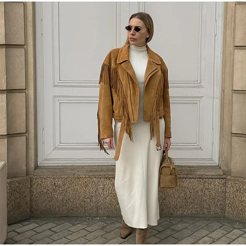 Lapel Tassel Short Jacket For Women Fashion Solid Long Sleeves Design Zipper Loose Coat Casual Autumn New High Street Outerwears