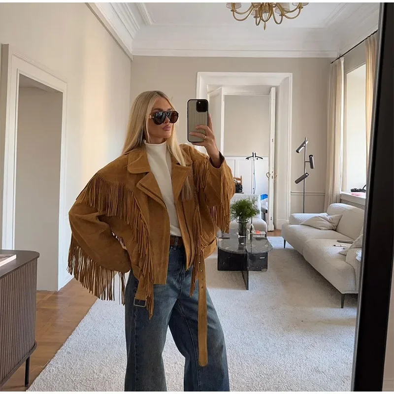 Lapel Tassel Short Jacket For Women Fashion Solid Long Sleeves Design Zipper Loose Coat Casual Autumn New High Street Outerwears