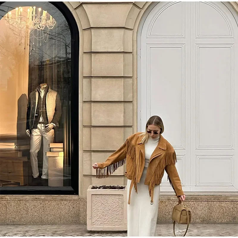 Lapel Tassel Short Jacket For Women Fashion Solid Long Sleeves Design Zipper Loose Coat Casual Autumn New High Street Outerwears