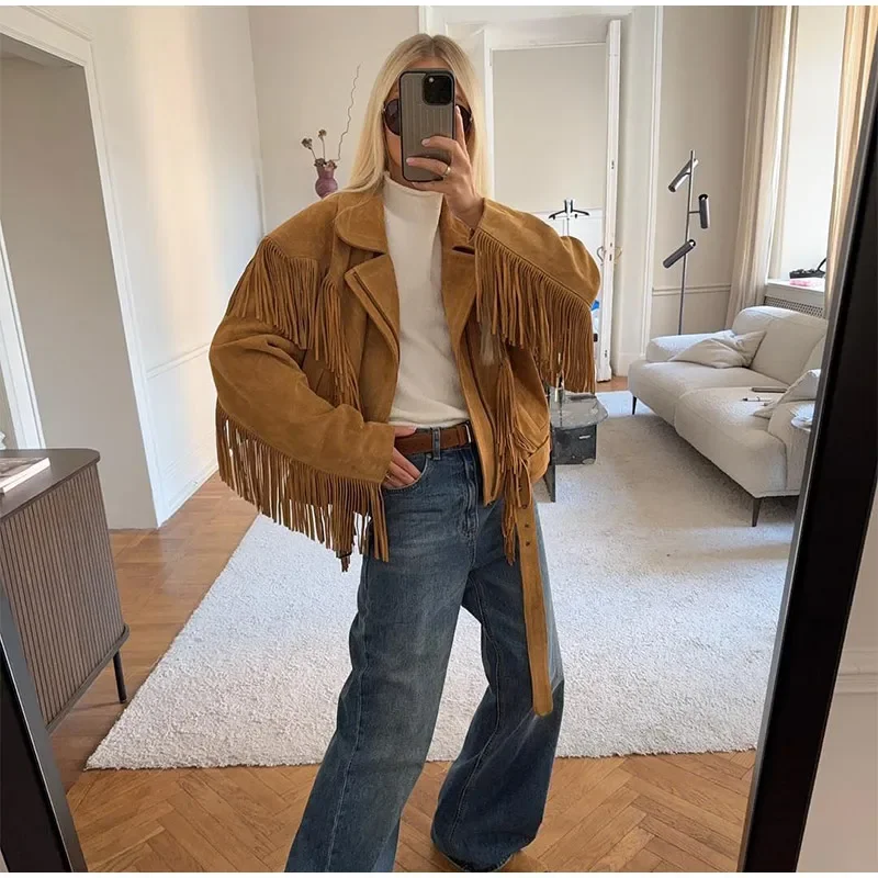 Lapel Tassel Short Jacket For Women Fashion Solid Long Sleeves Design Zipper Loose Coat Casual Autumn New High Street Outerwears