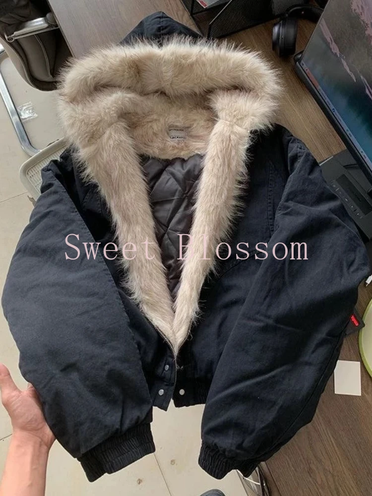 Winter New Elegant Liner Fur Loose Coat Women Y2k Fur Collar Hood Thick Fashion Parkas Casual Outerwear Cotton Padded Jackets